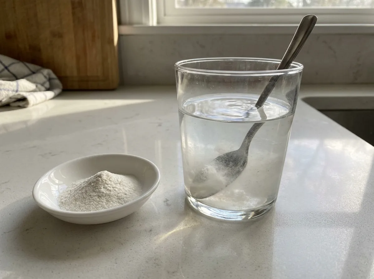 White D-mannose powder in a glass of water with a spoon