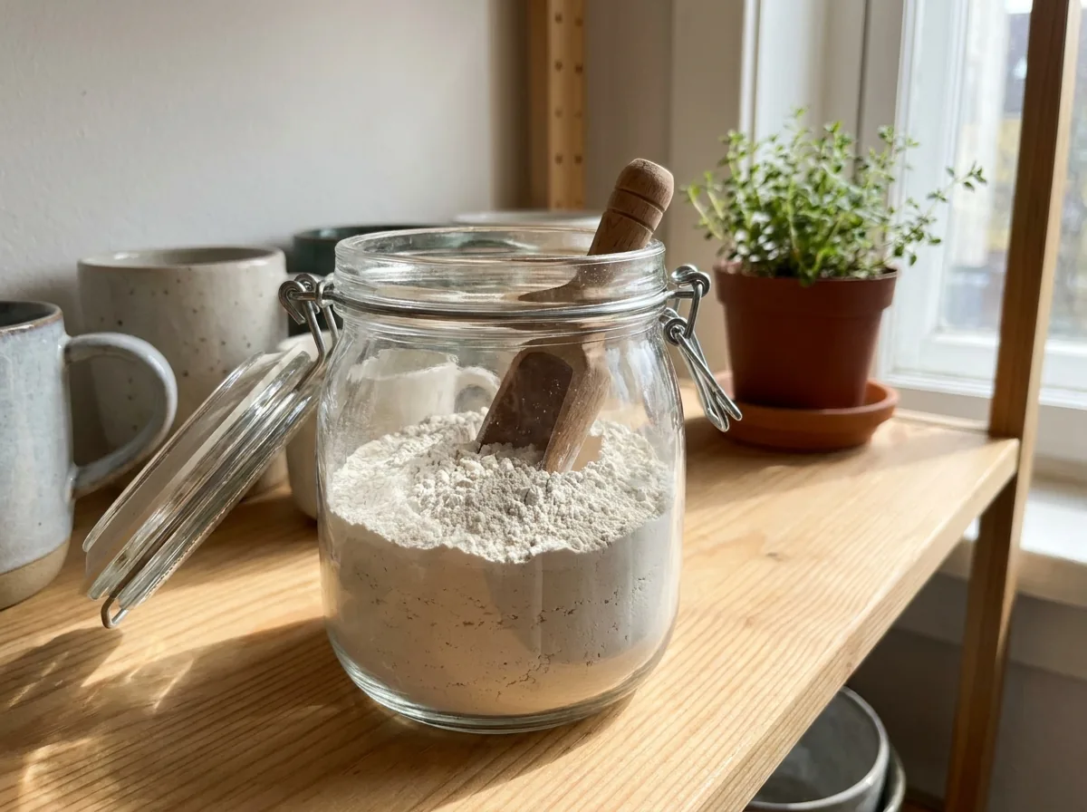 Fine white diatomaceous earth powder in a jar