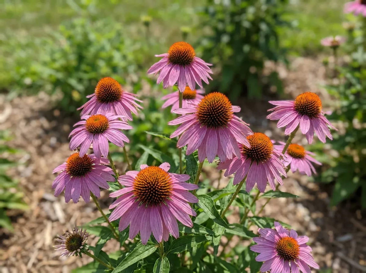 Purple echinacea coneflowers in a garden