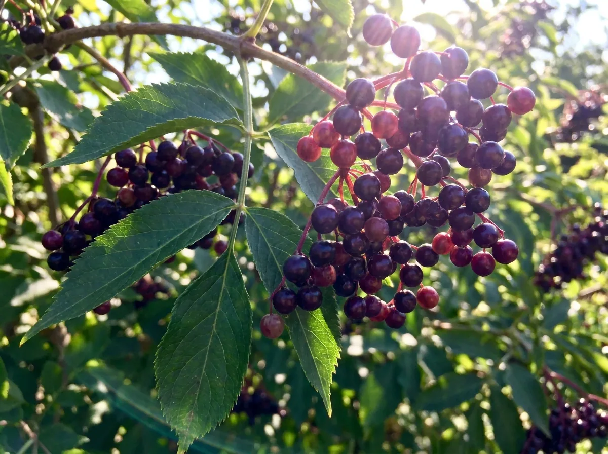 Clusters of dark elderberries on the branch