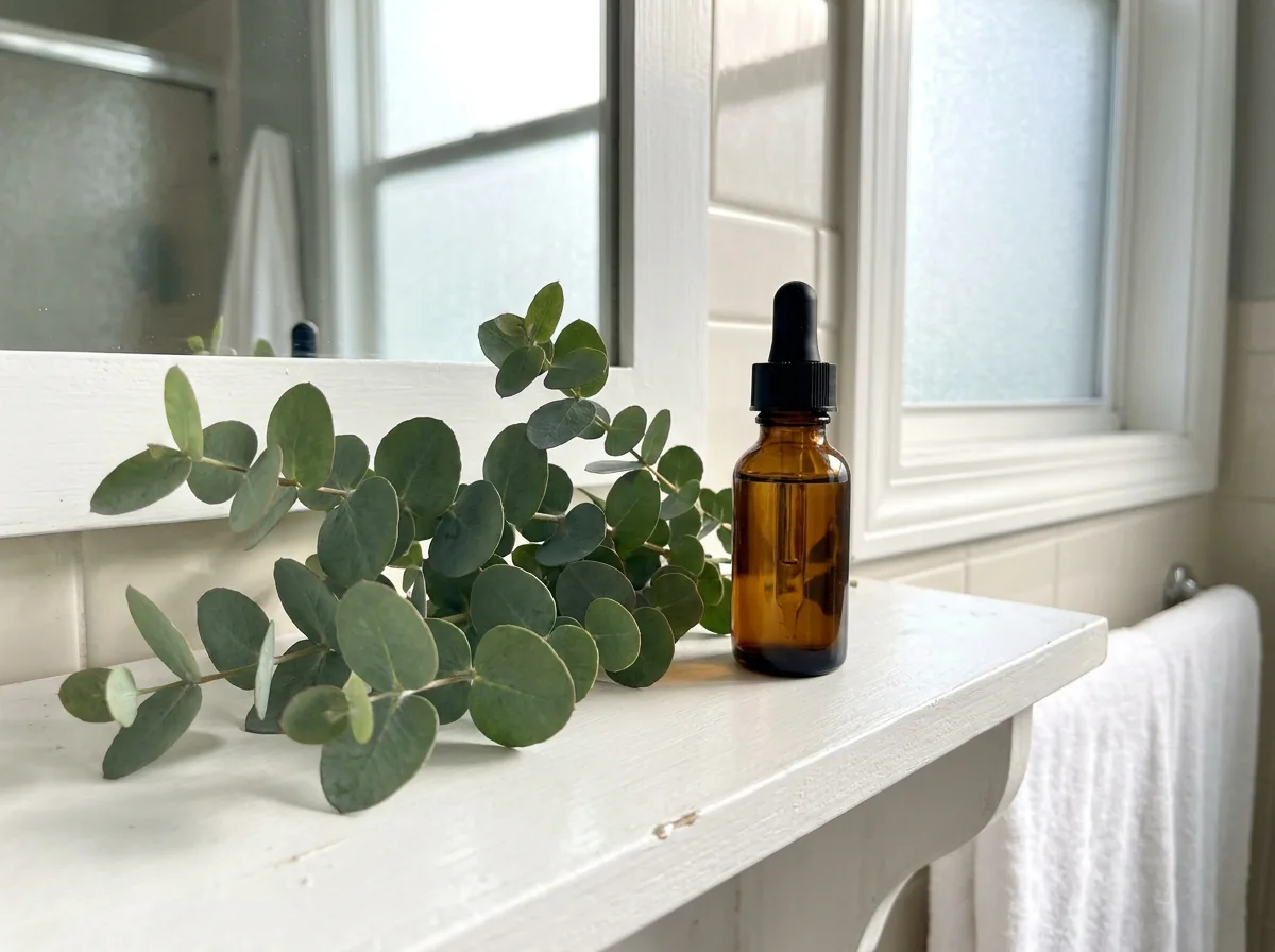 Fresh eucalyptus leaves beside a small bottle of oil