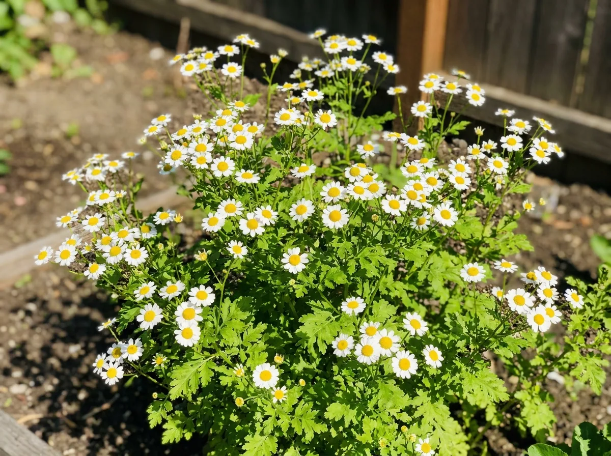 Small white daisy-like feverfew flowers