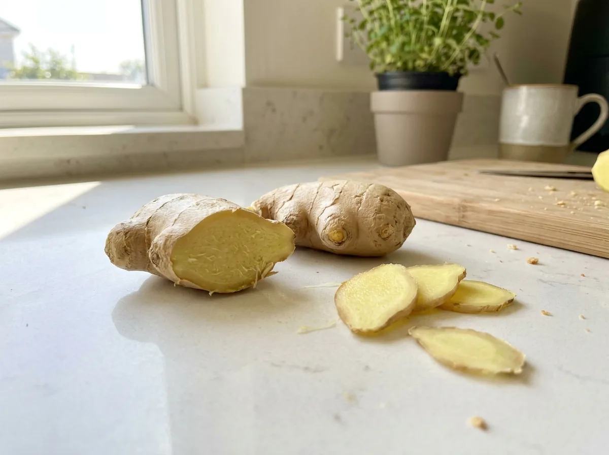 Fresh ginger root, one piece broken open, with slices