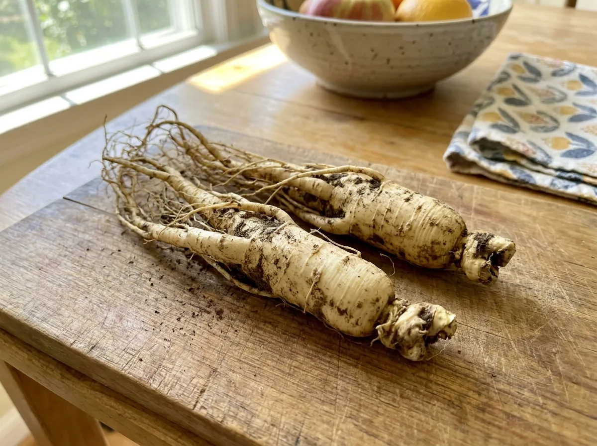 Whole ginseng roots on a wooden board