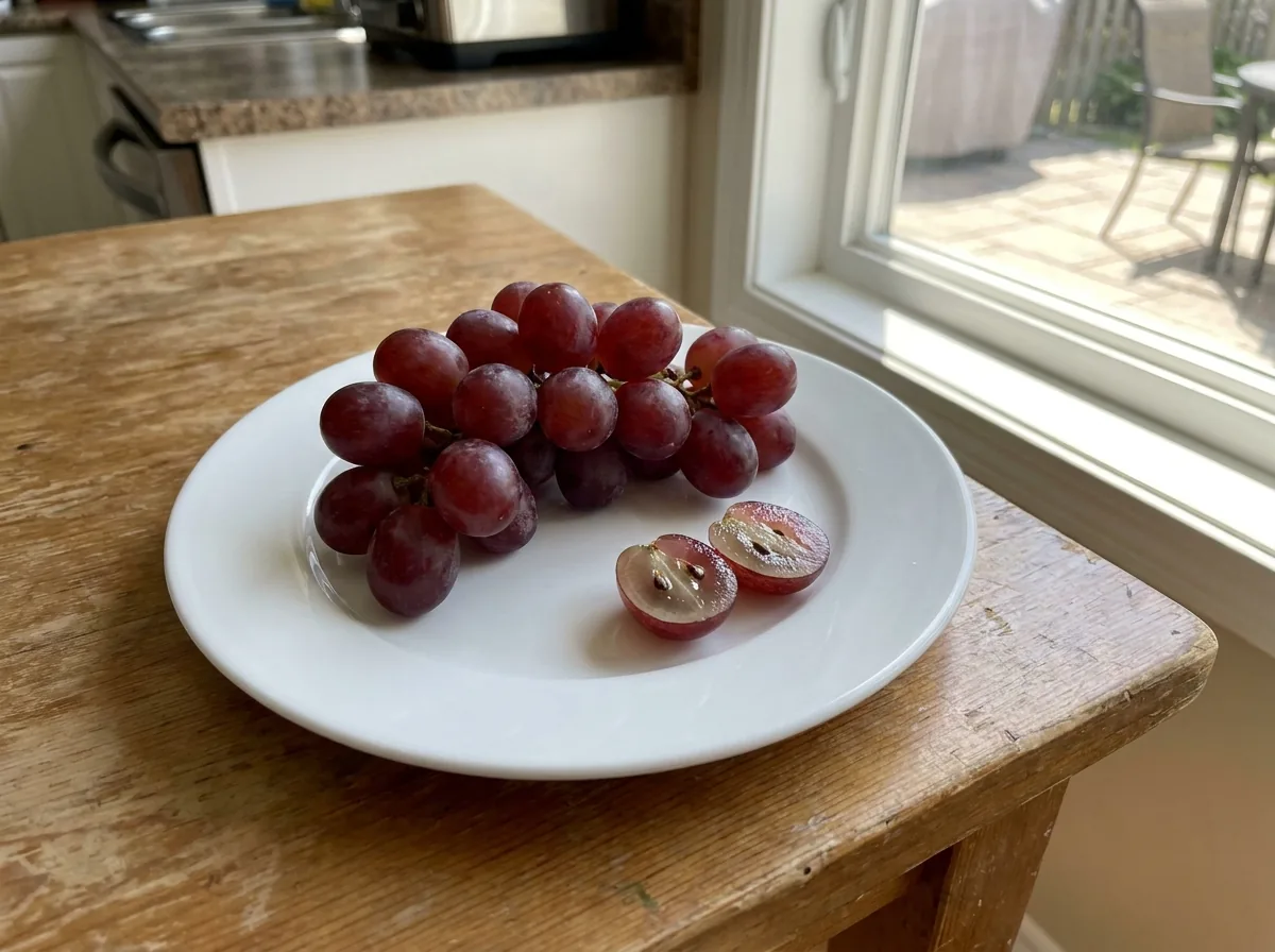 Red grapes, one cut open to show the seeds
