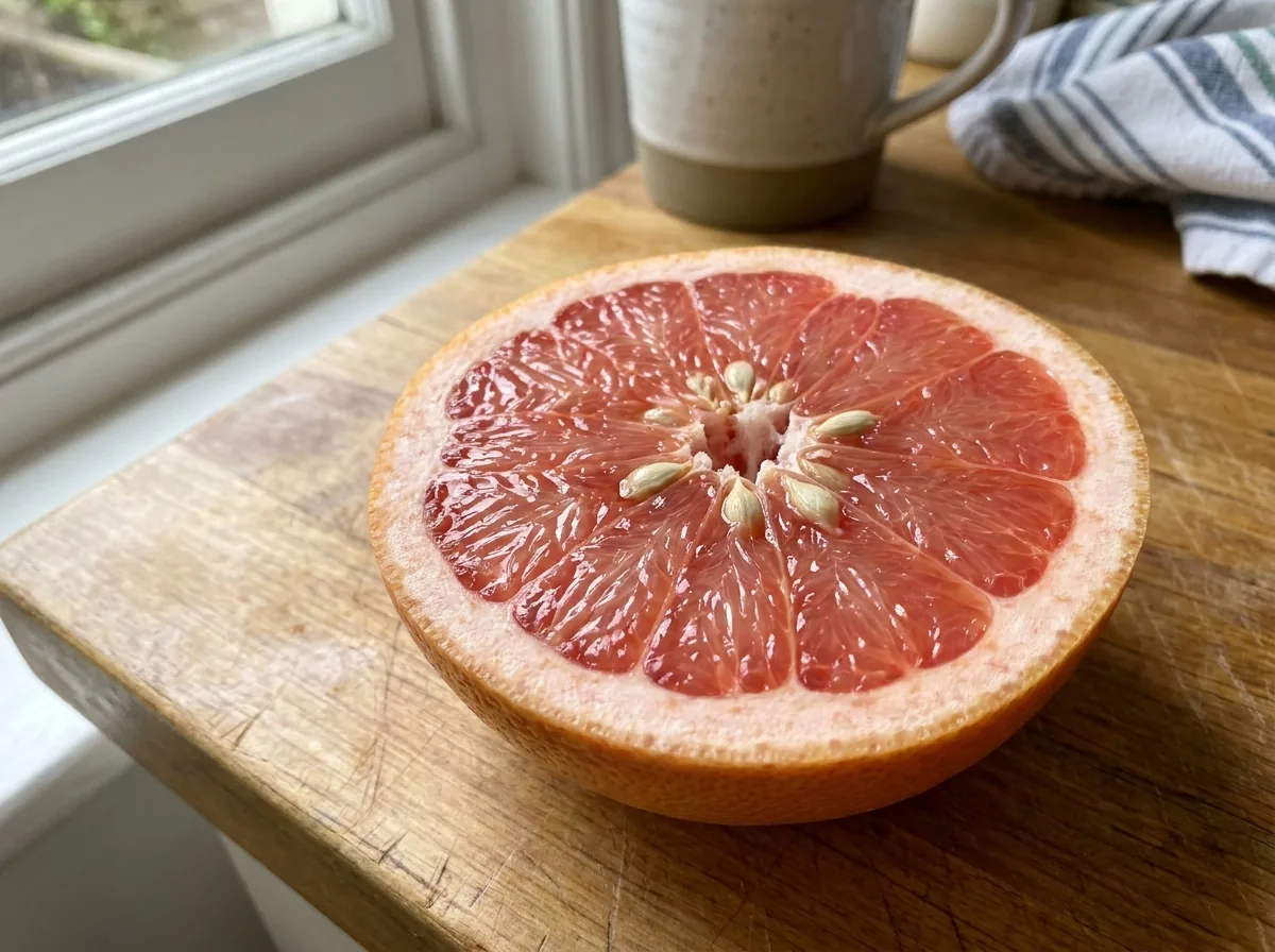 A halved pink grapefruit showing its seeds