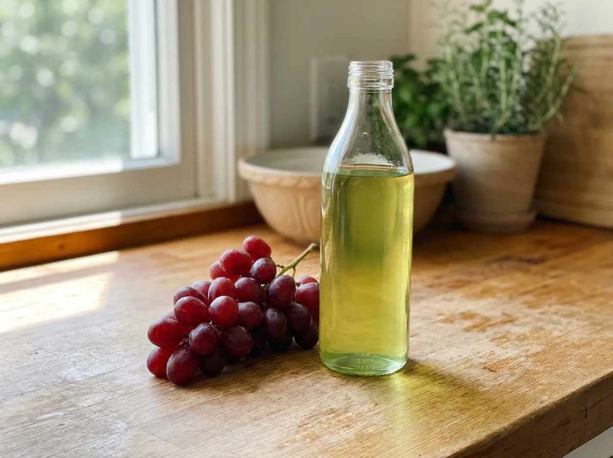 A bottle of pale green grapeseed oil beside red grapes
