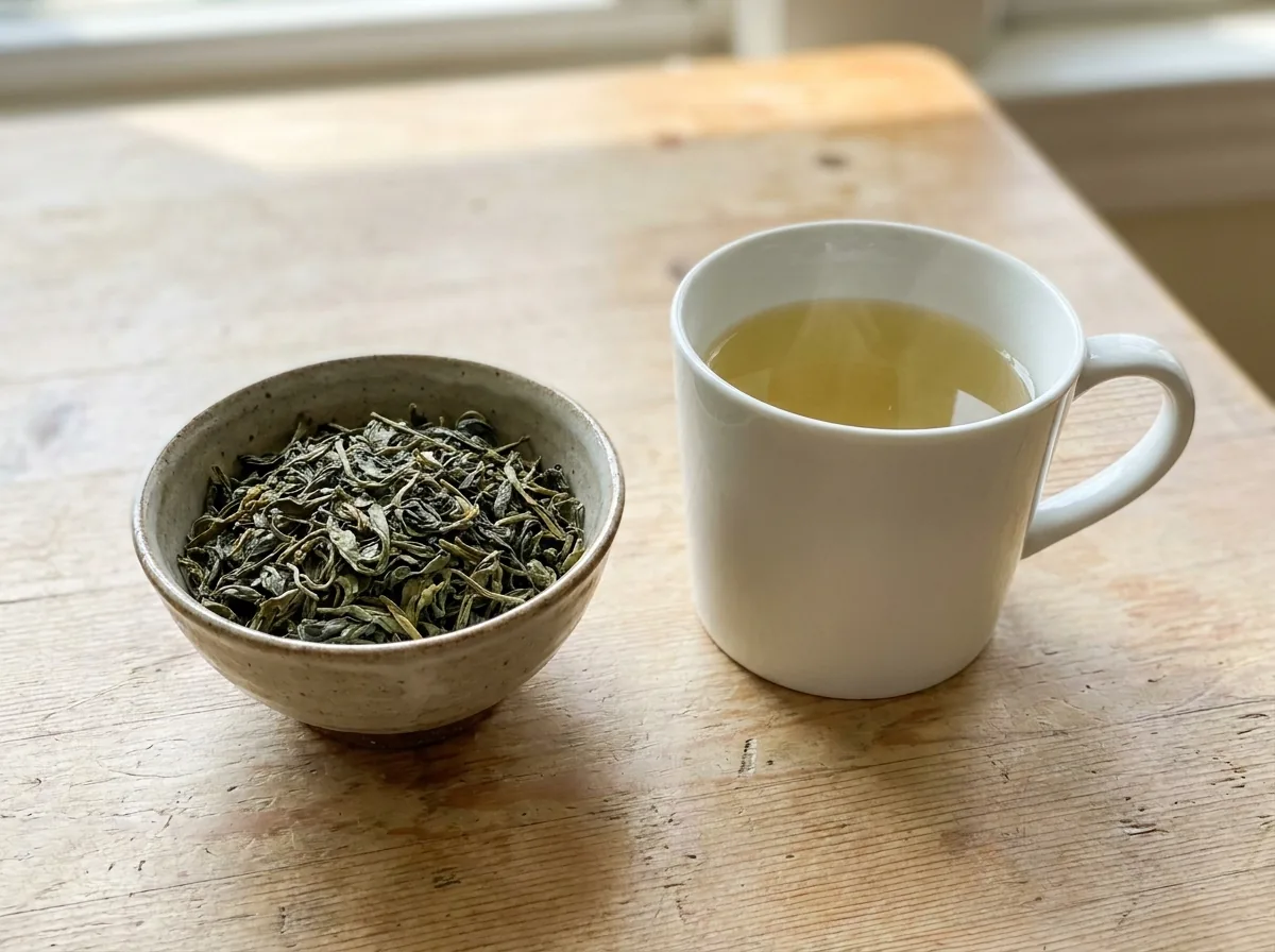 Loose green tea leaves and a cup of green tea
