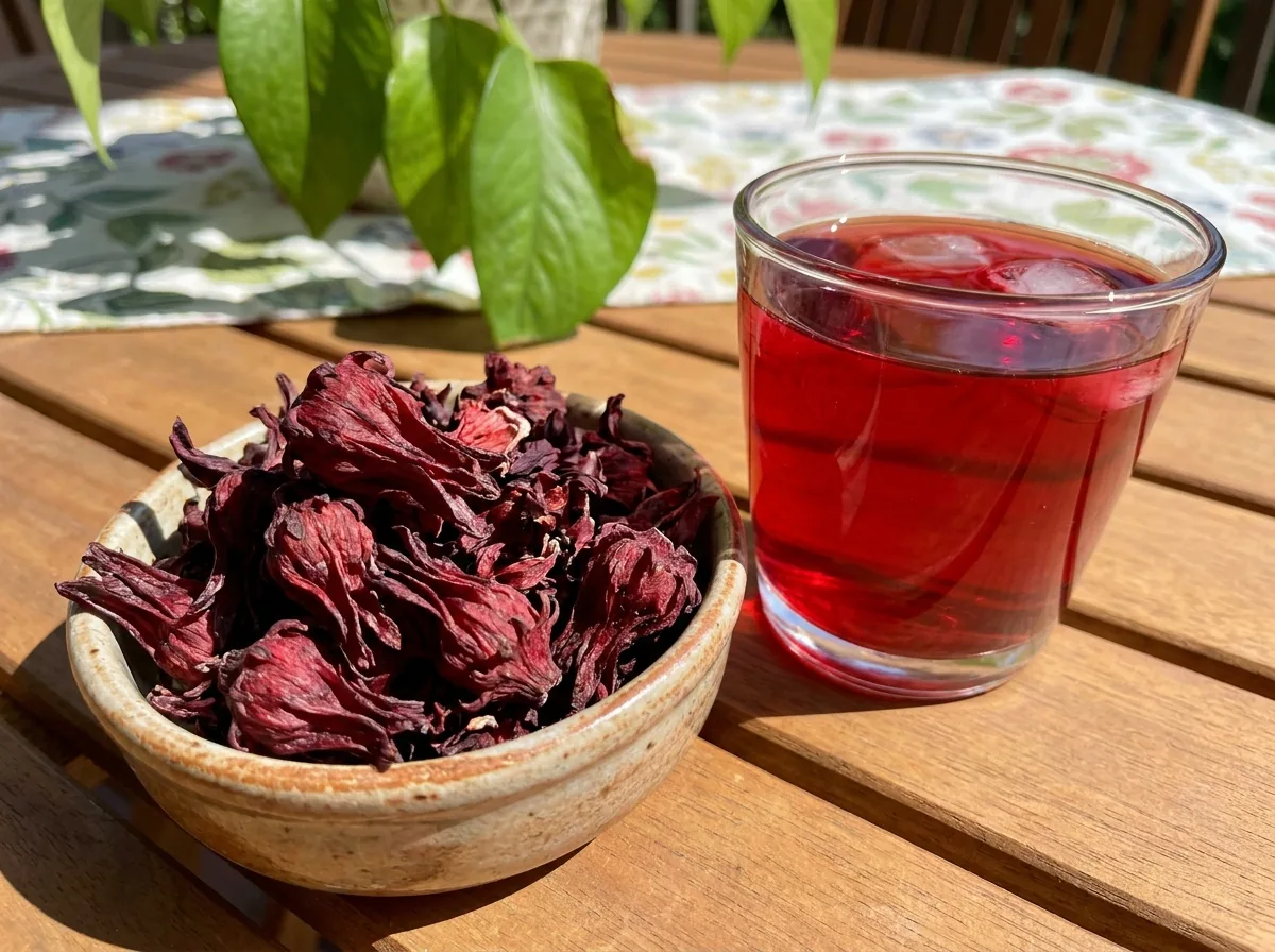 Dried hibiscus calyces and a glass of red hibiscus tea