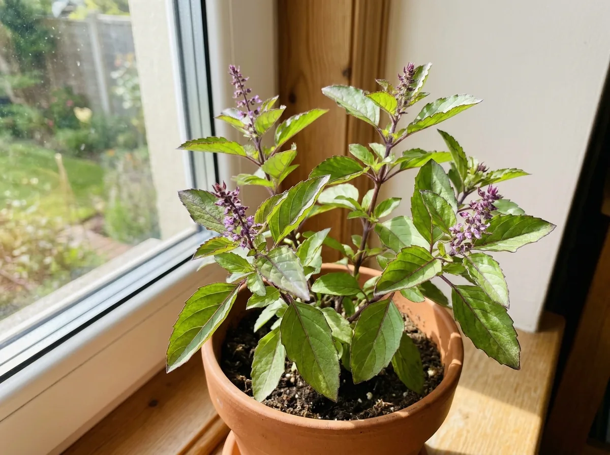 A holy basil (tulsi) plant with green and purple leaves