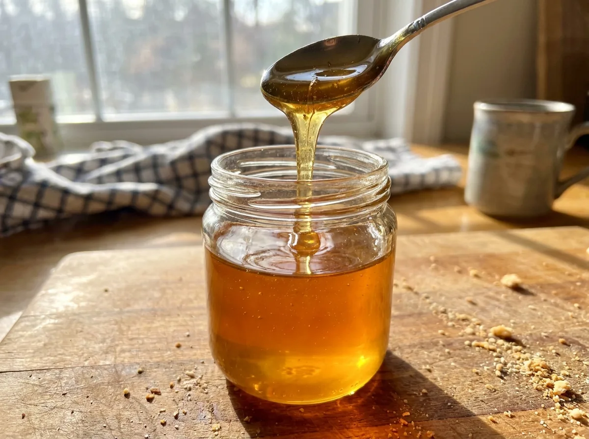 A jar of golden honey with a spoon