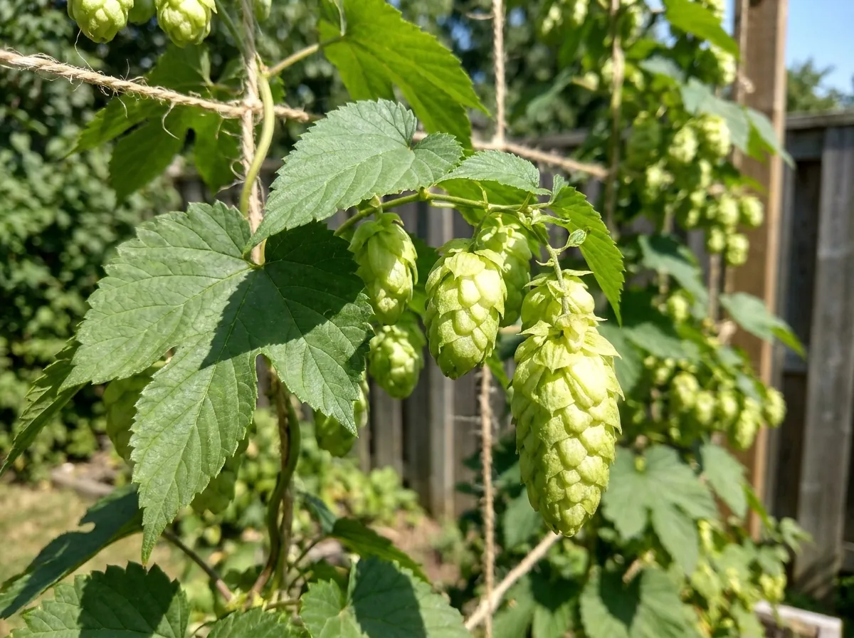 Green hop cones on the vine
