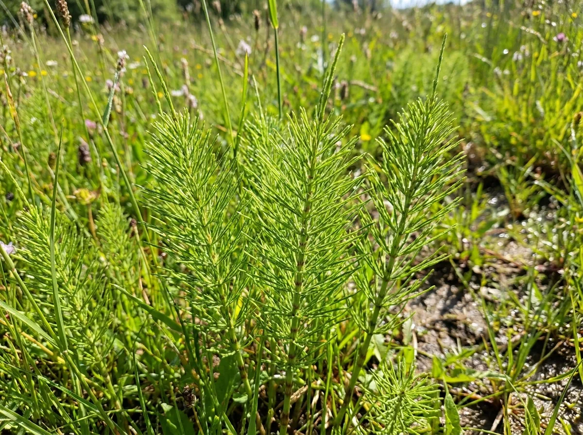 Green horsetail stems growing in a field