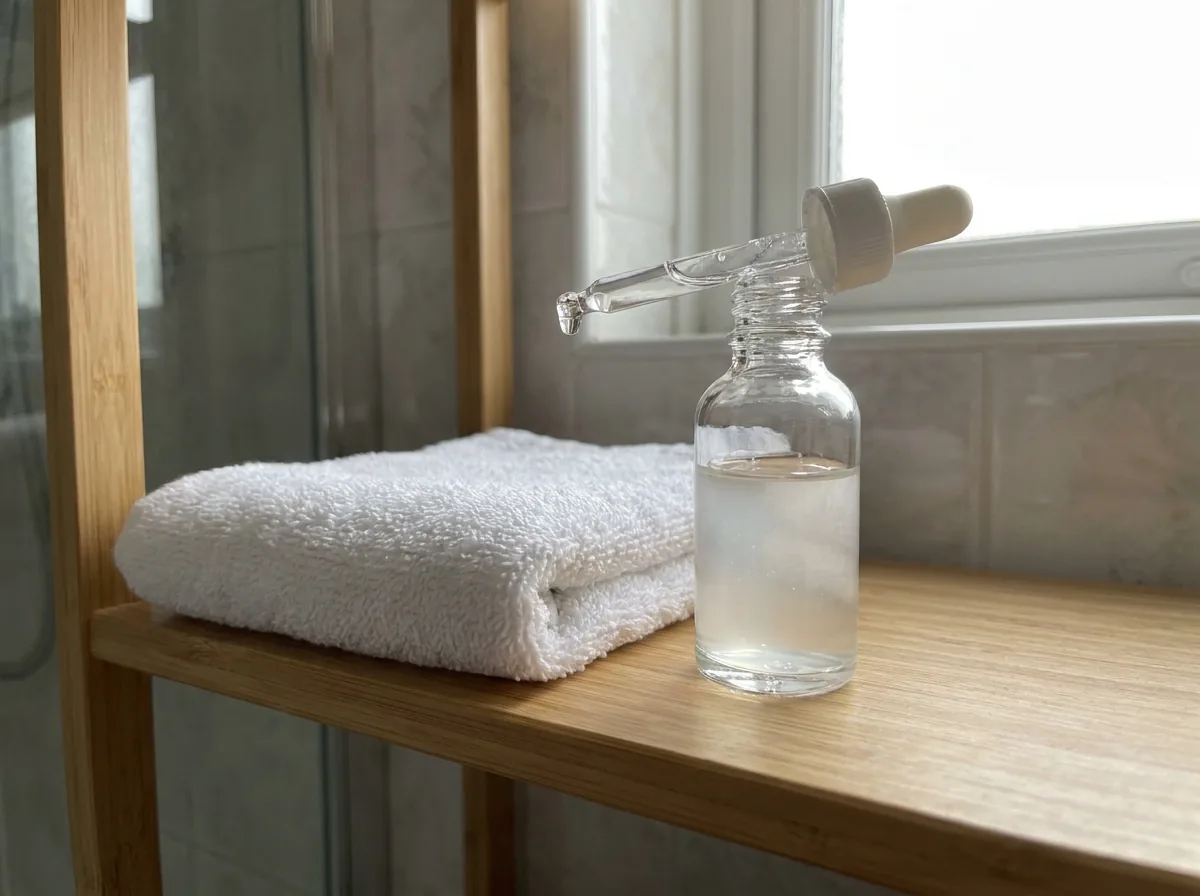 A clear serum dropper bottle on a bathroom shelf