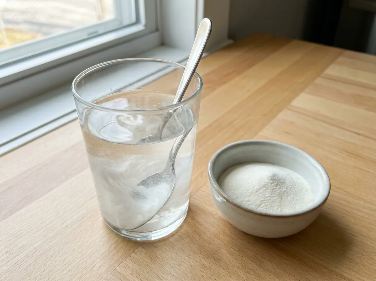 Collagen powder being stirred into a glass of water