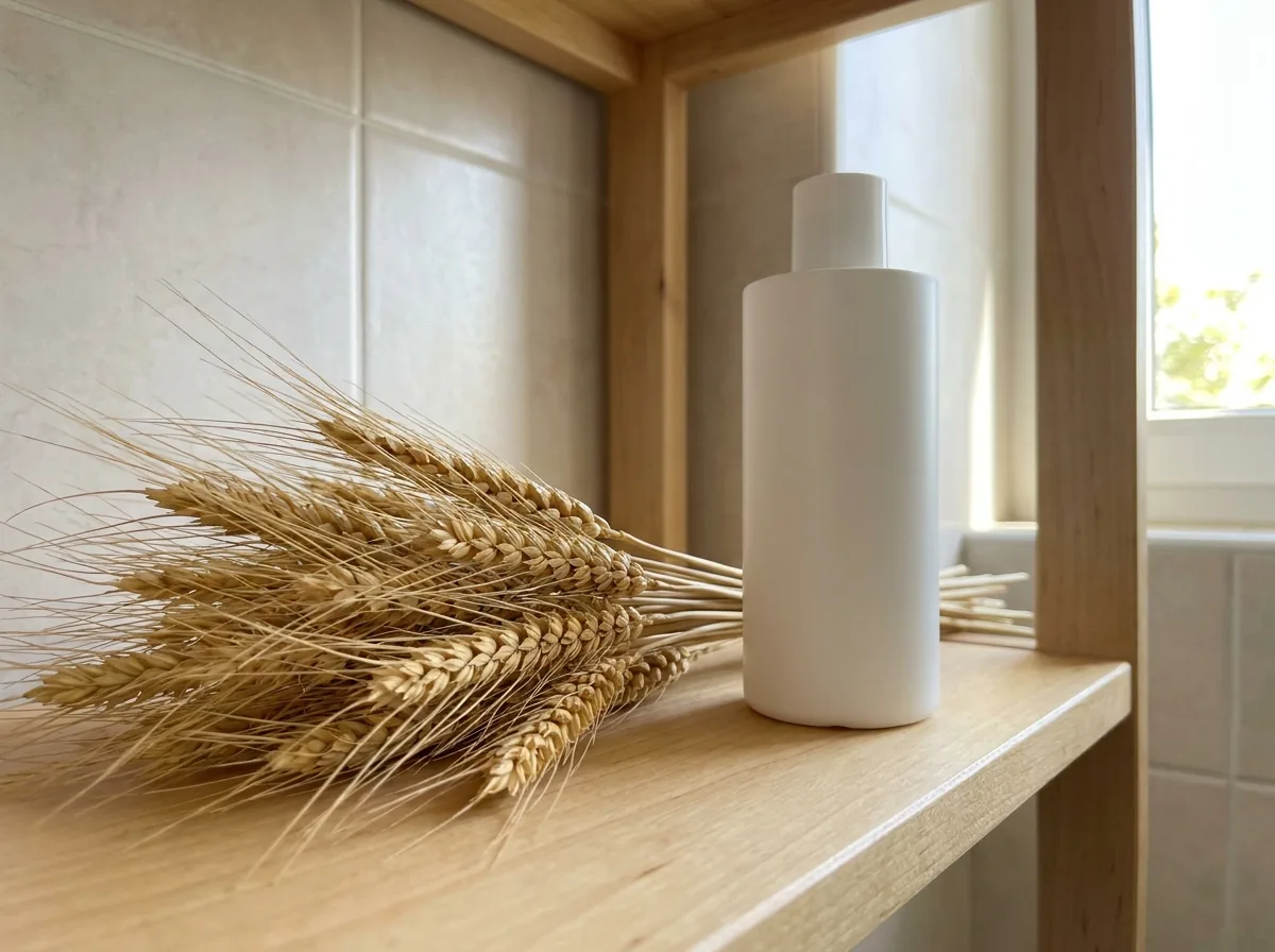 Wheat ears beside a bottle of conditioner on a bathroom shelf