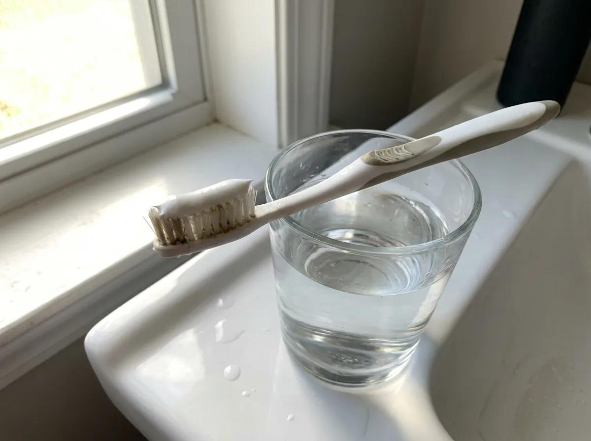 A toothbrush with white toothpaste beside a glass