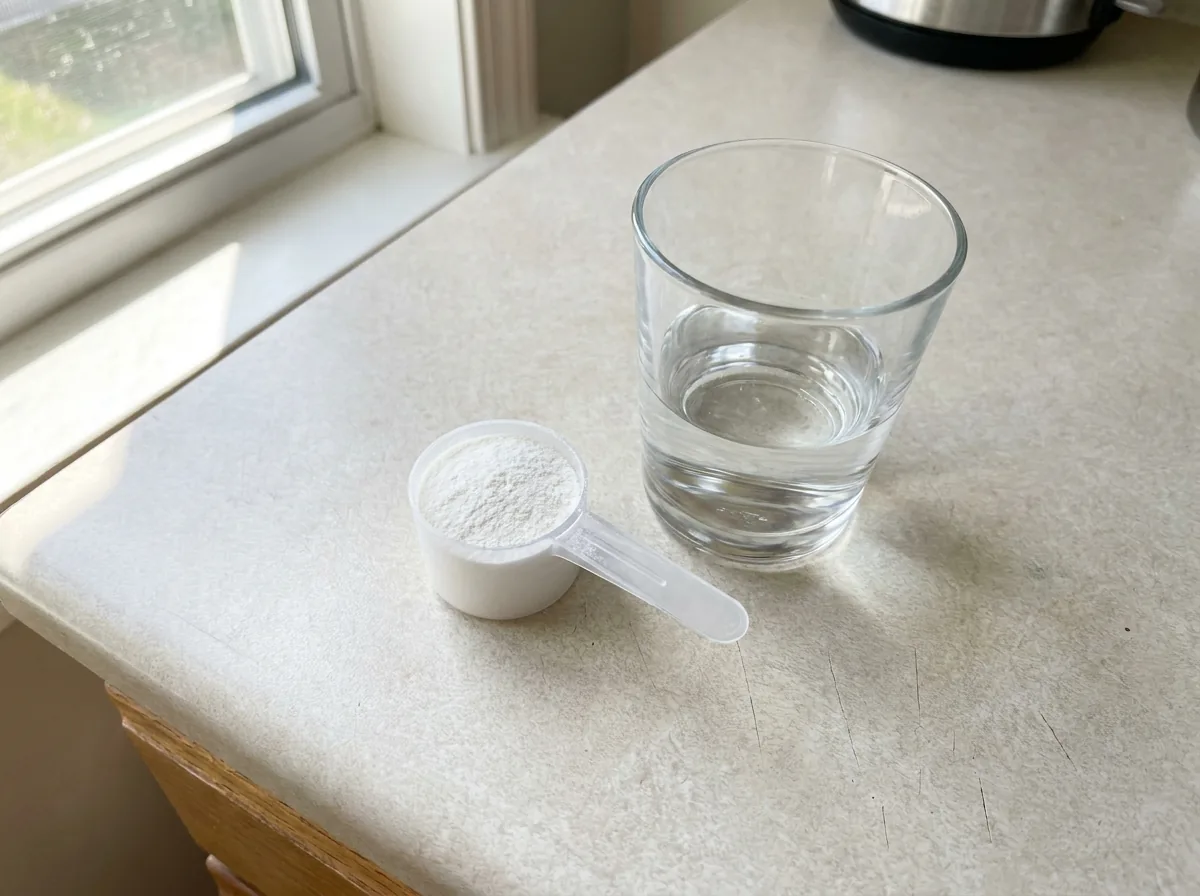 White inositol powder in a scoop beside a glass of water