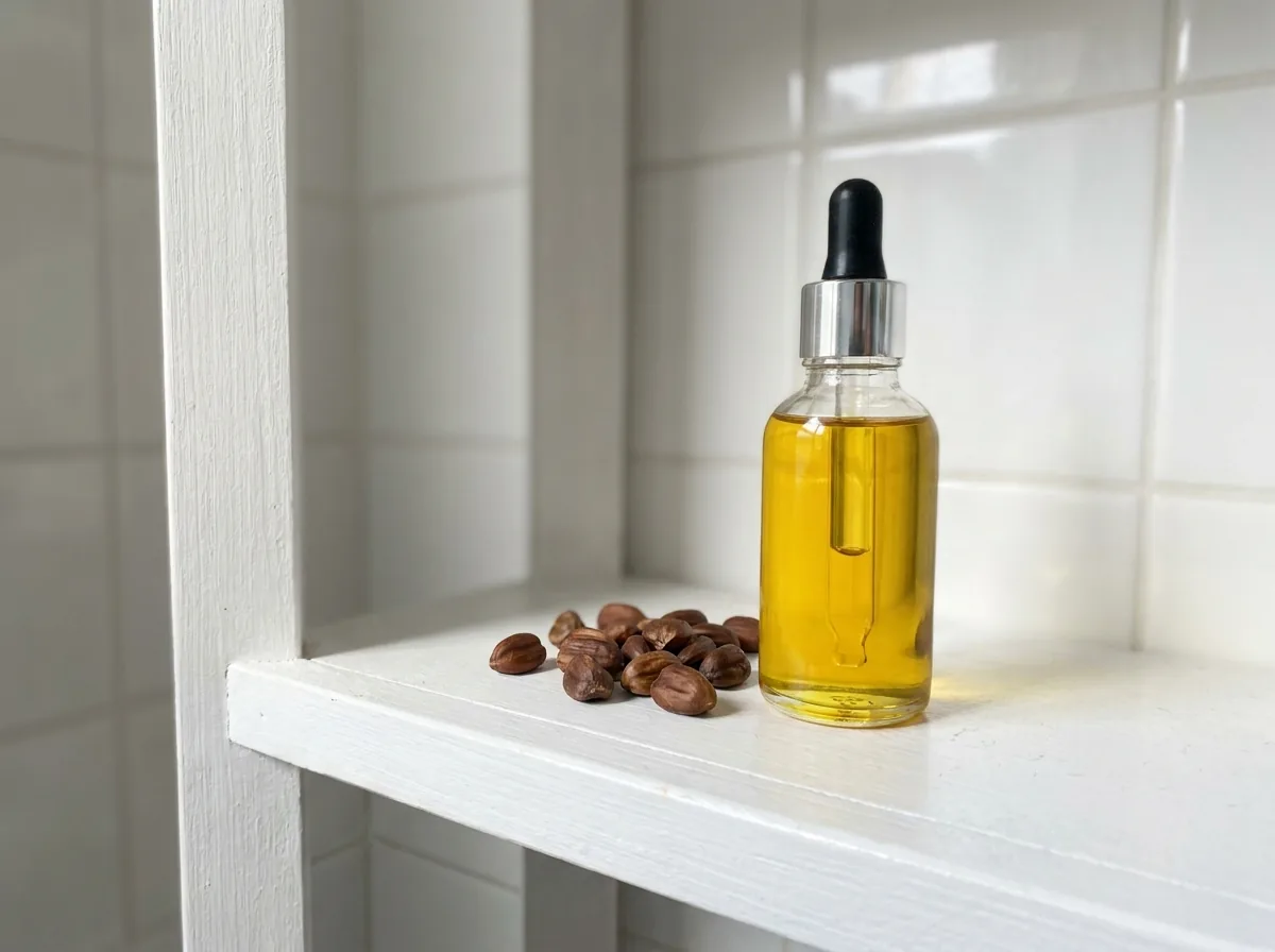 Golden jojoba oil in a dropper bottle with jojoba seeds