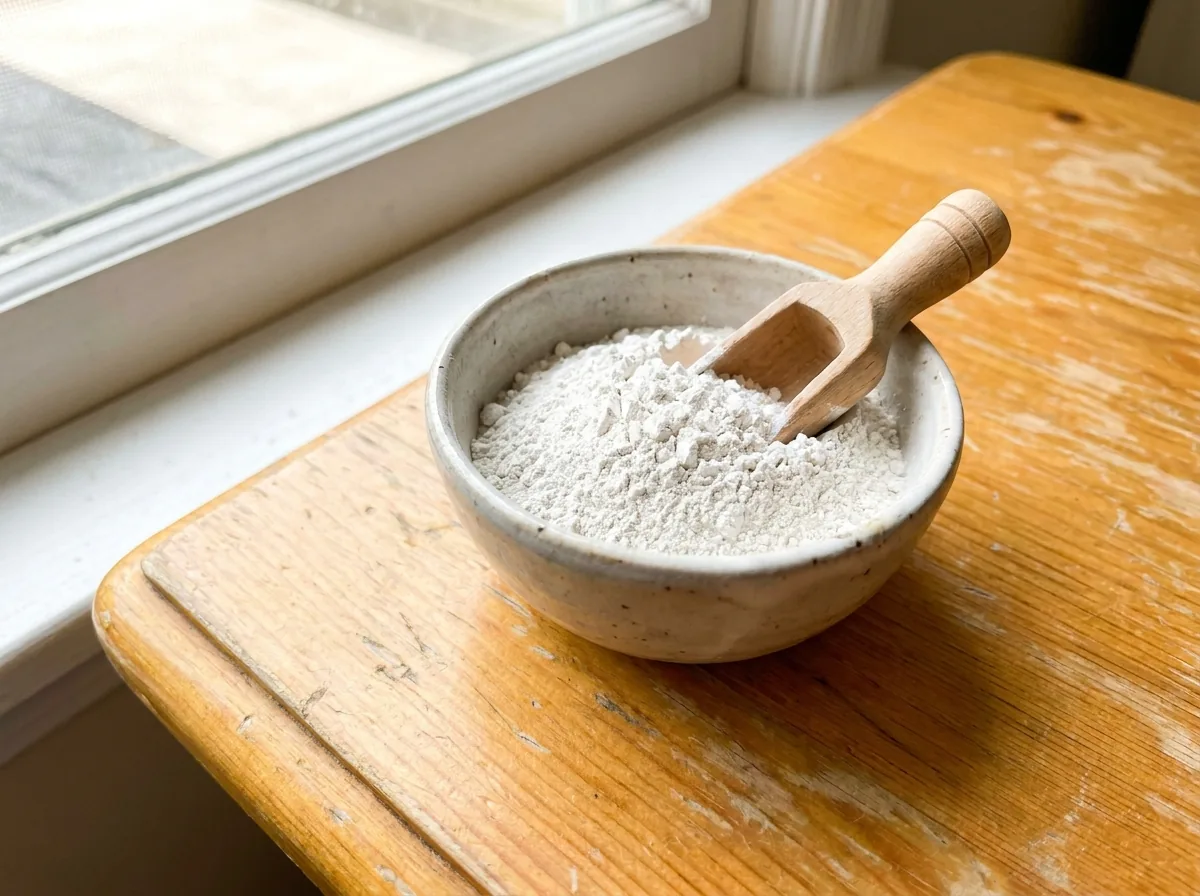 White kaolin clay powder in a small bowl