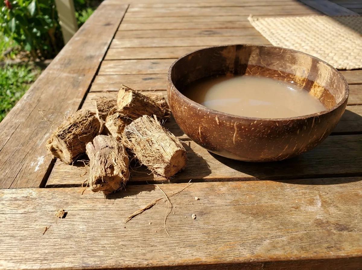 Kava root and a bowl of kava drink