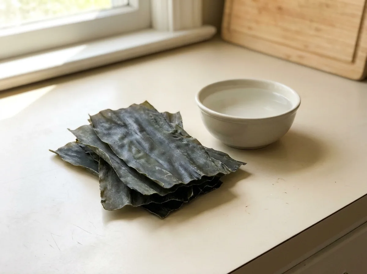Dried kelp seaweed on a kitchen counter