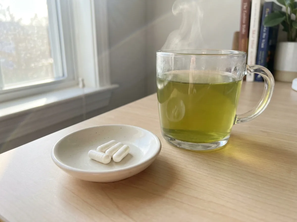 White capsules beside a cup of green tea