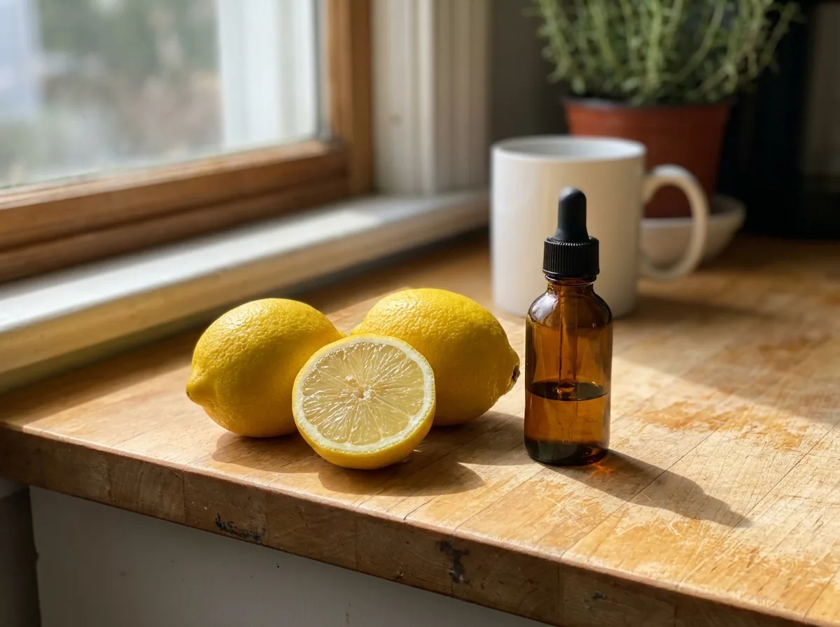 Fresh lemons, one halved, beside a small bottle of oil