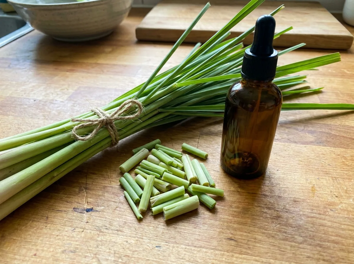 Fresh lemongrass stalks on a kitchen counter
