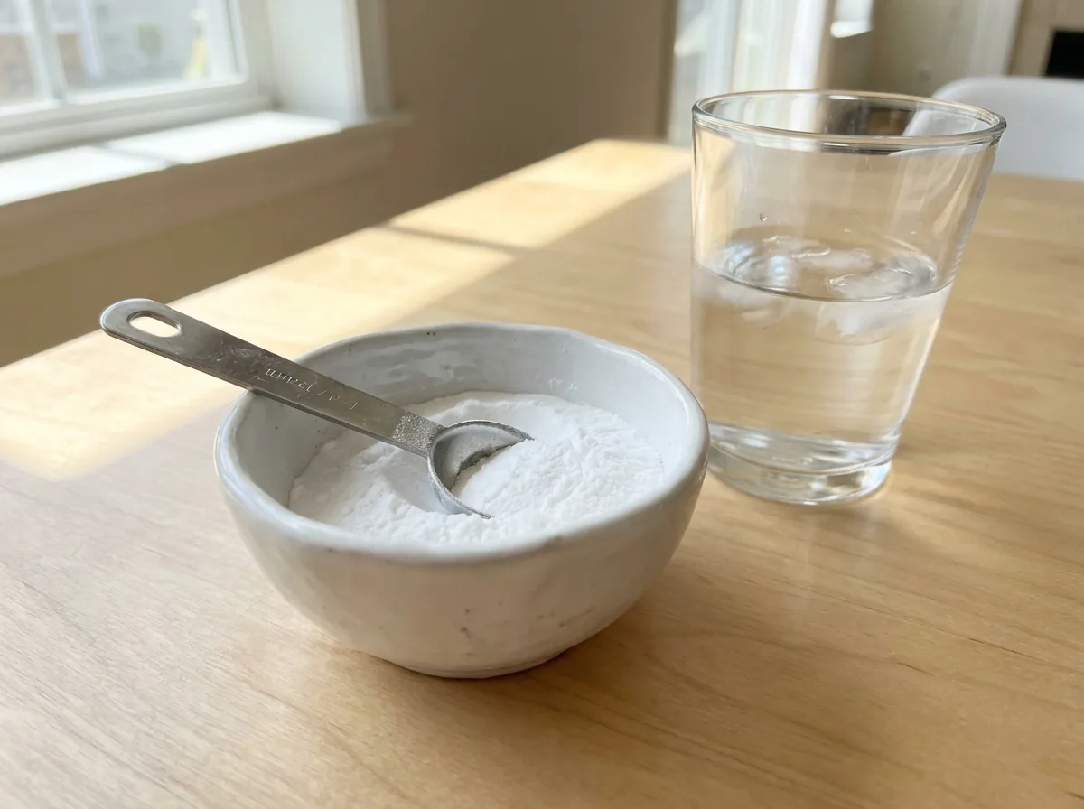 White magnesium citrate powder in a small bowl with a glass of water