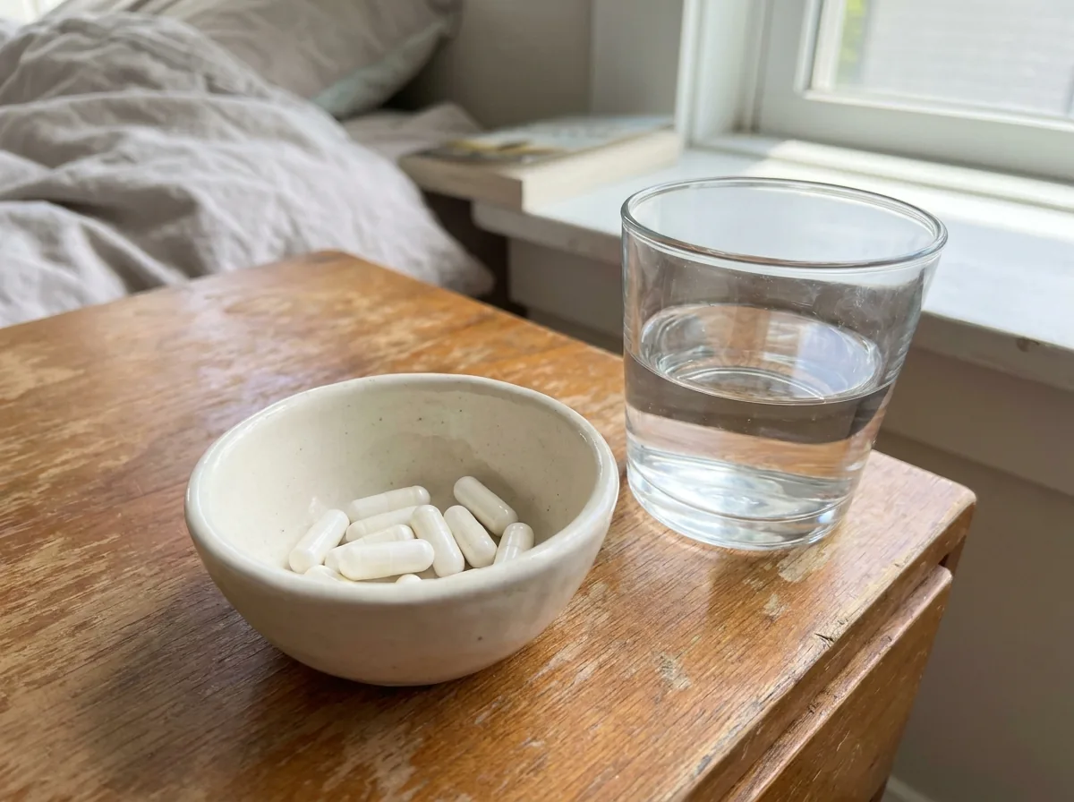 White capsules in a small dish with a glass of water