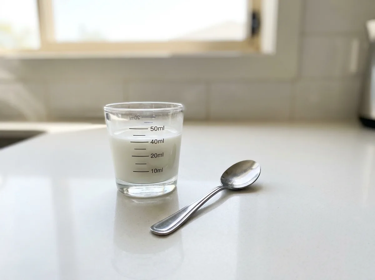 A glass of white milky liquid with a measuring spoon
