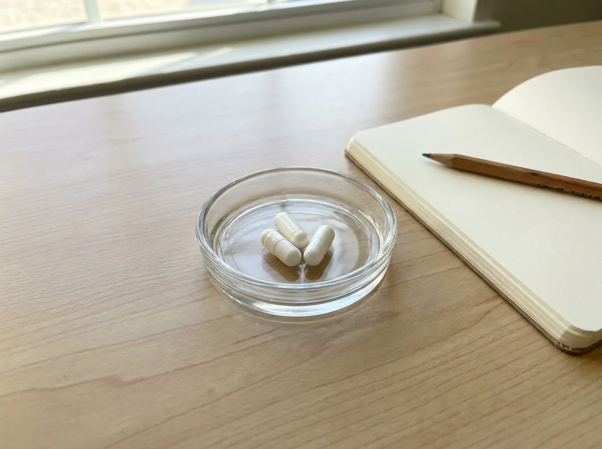 White capsules on a desk beside an open notebook