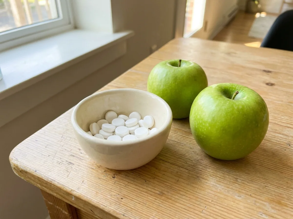 White tablets in a dish next to green apples