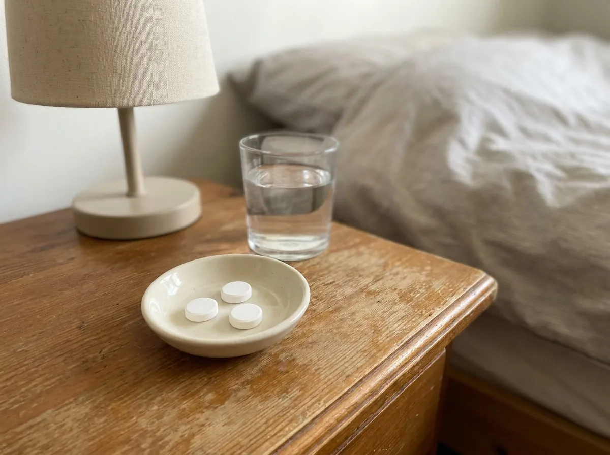 Small white tablets on a bedside table