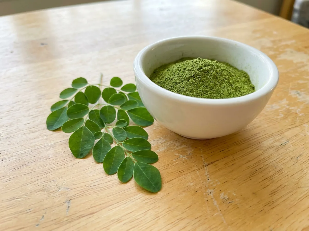 Bright green moringa powder in a bowl with fresh moringa leaves