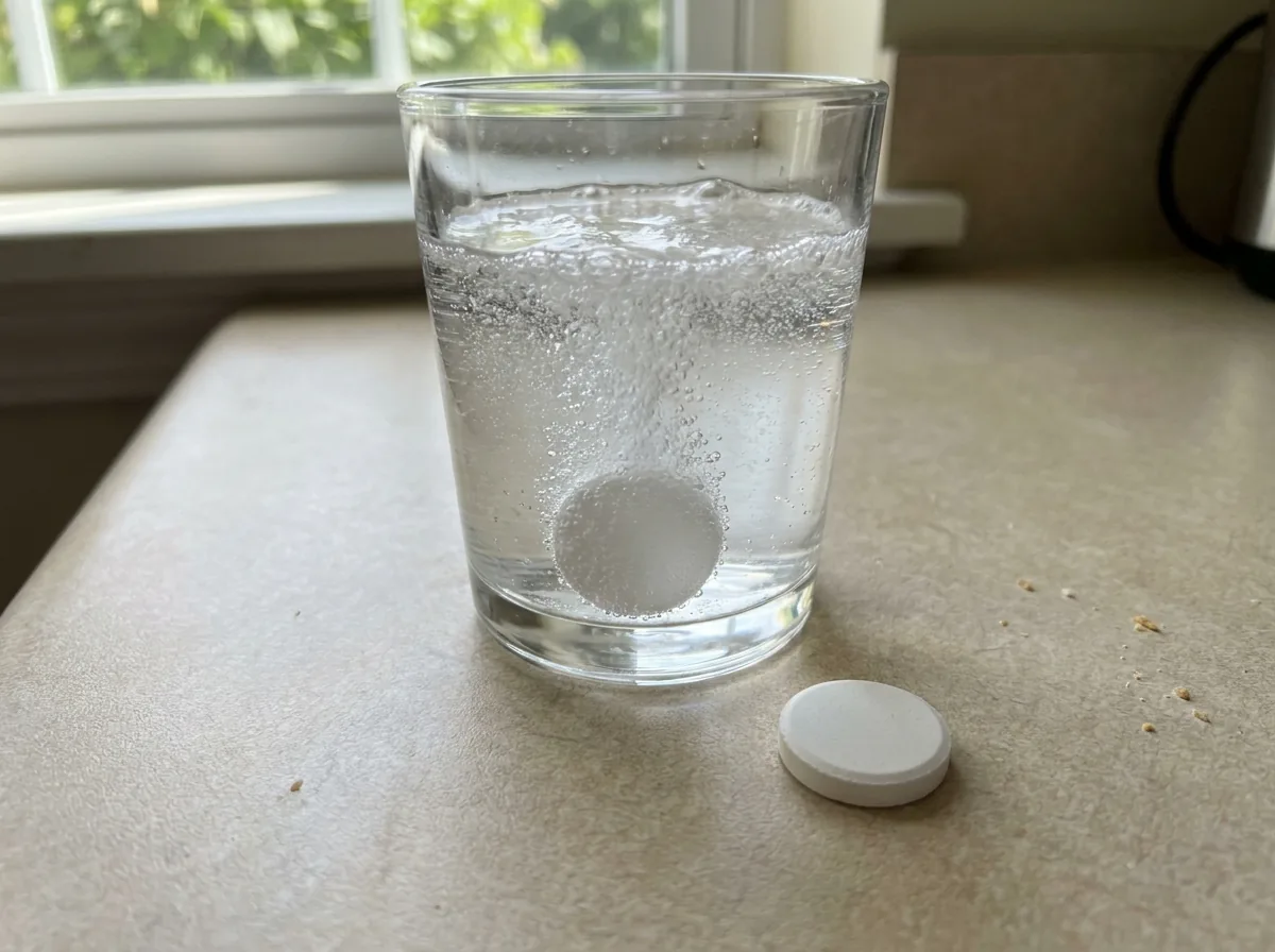 Effervescent tablet fizzing in a glass of water