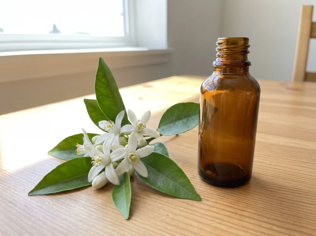 White orange blossoms beside a small bottle of oil