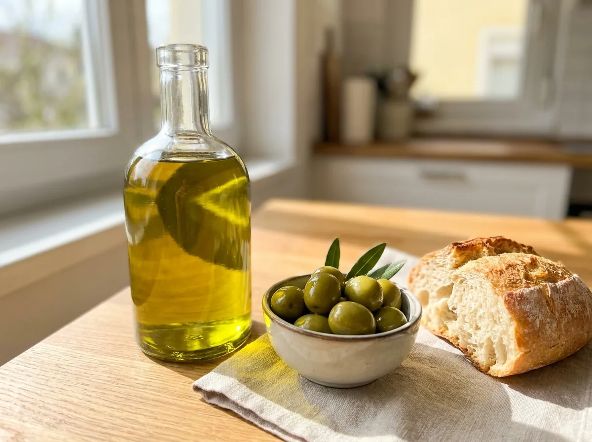A glass bottle of olive oil beside green olives and bread