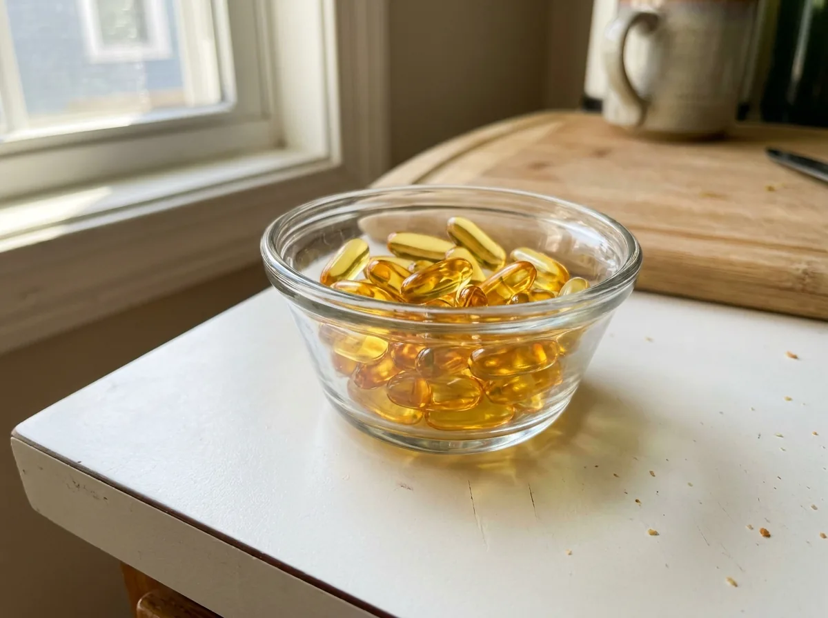 Golden fish oil capsules in a small dish