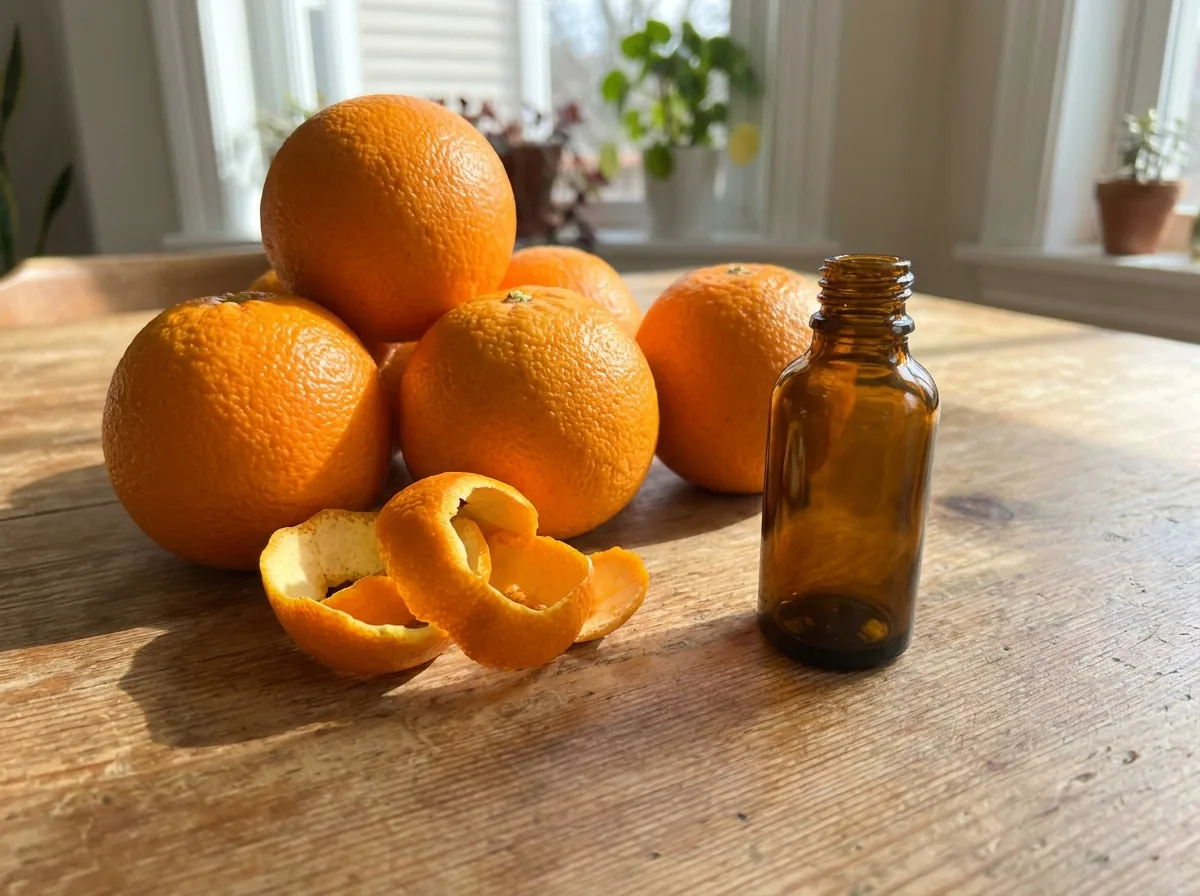 Oranges and curls of orange peel beside a small bottle