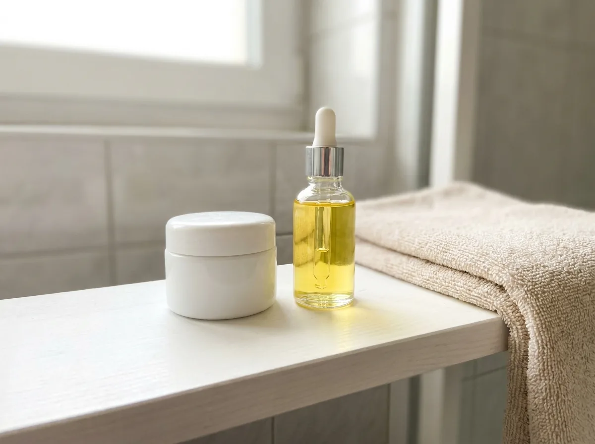 A small jar of cream and a dropper bottle on a bathroom shelf