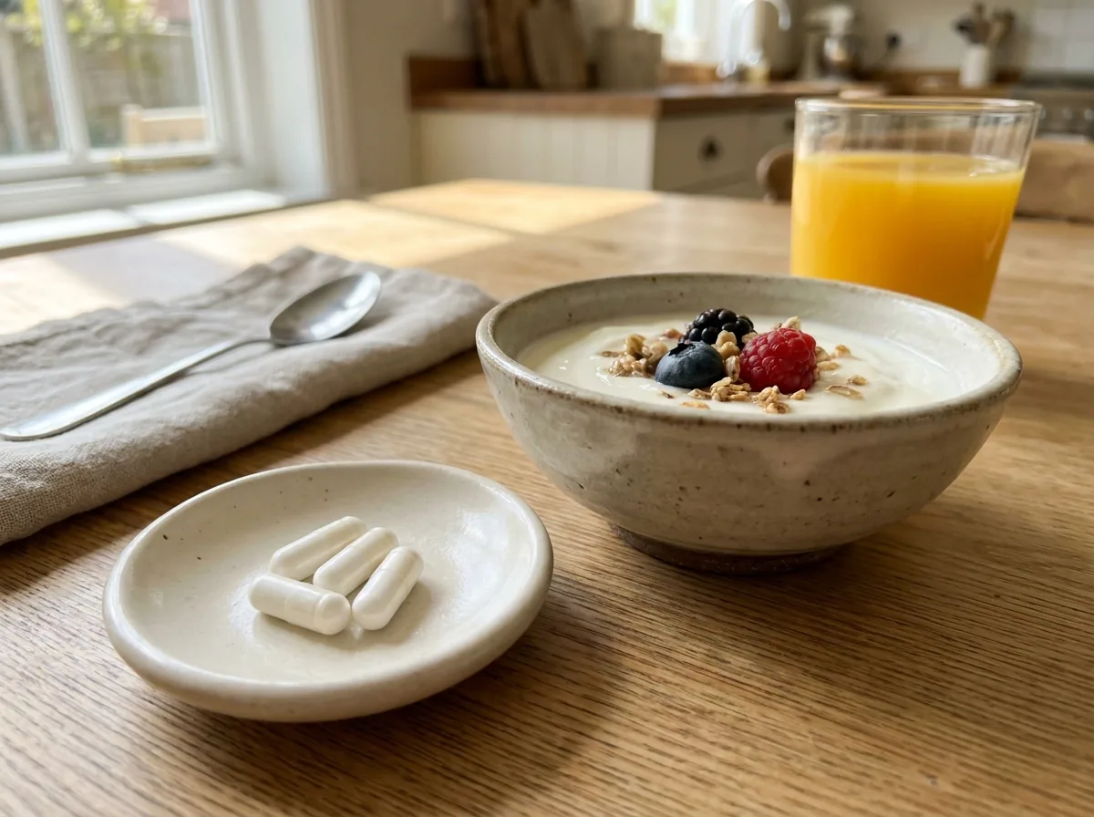 Plain capsules beside a bowl of natural yoghurt