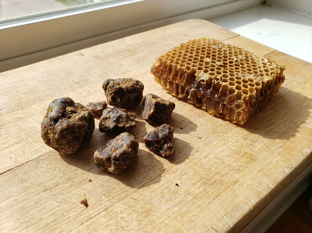 Raw propolis pieces beside a honeycomb