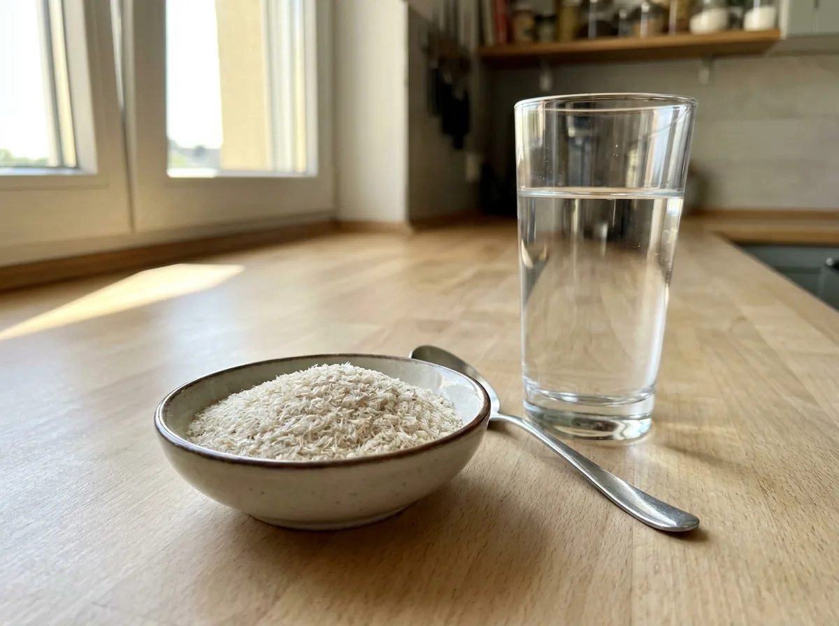 Psyllium husk in a bowl with a glass of water