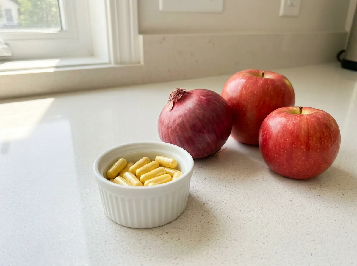 Yellow capsules beside red onions and apples