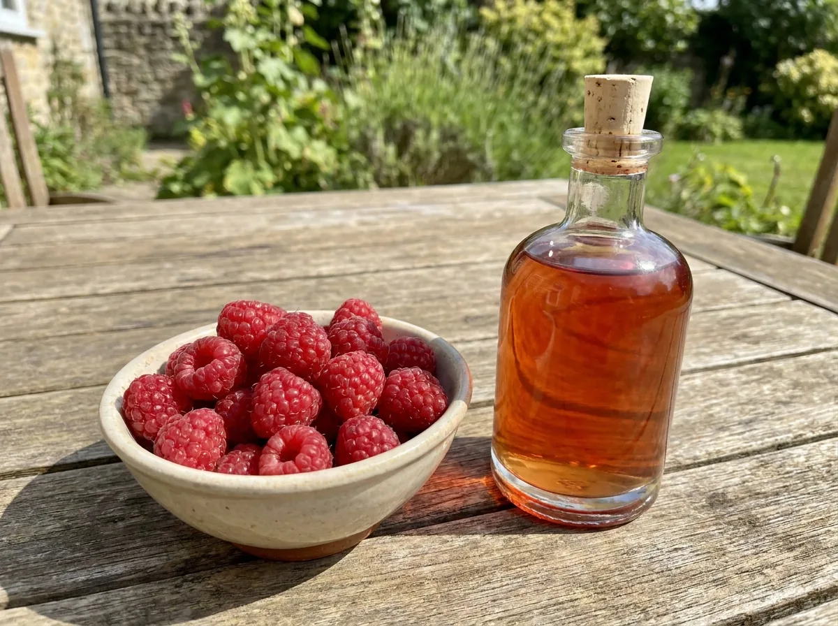 Fresh raspberries beside a small bottle of red-gold oil