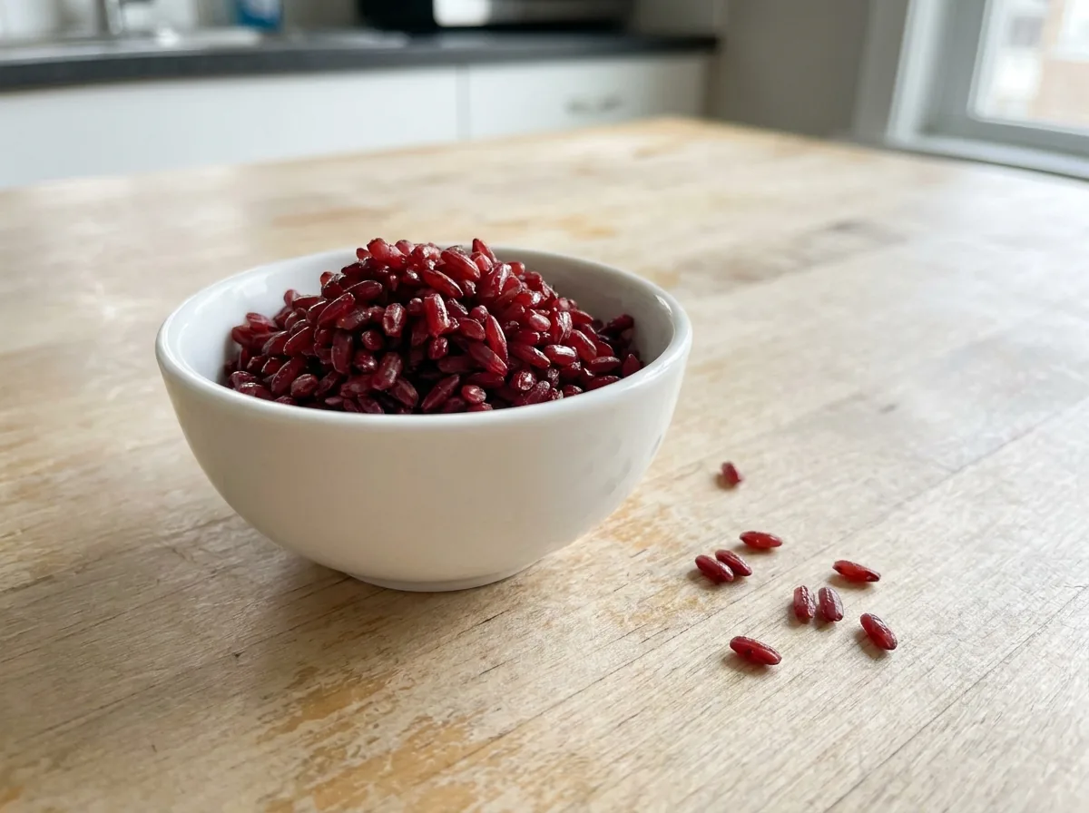 Dark red fermented rice grains in a small bowl