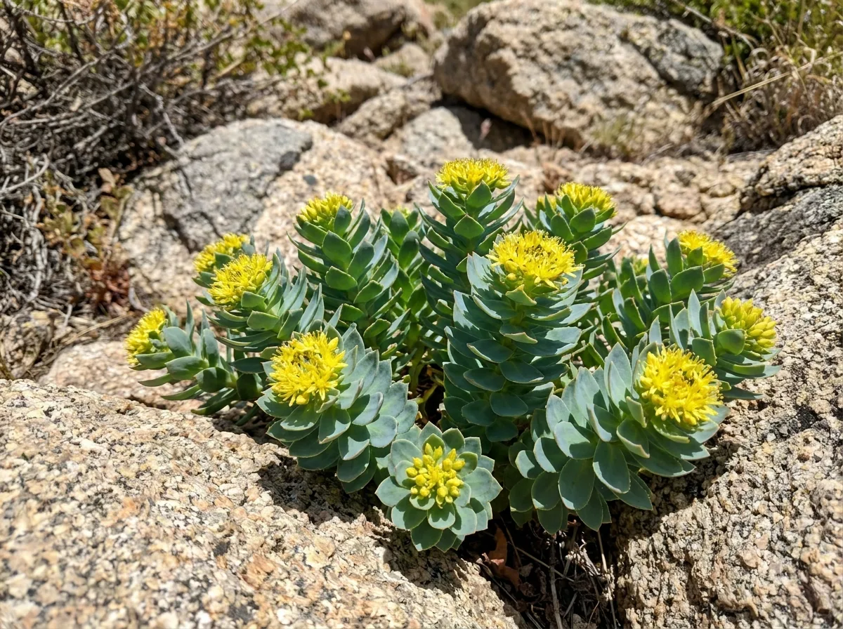 Rhodiola plant with yellow flowers on rocks