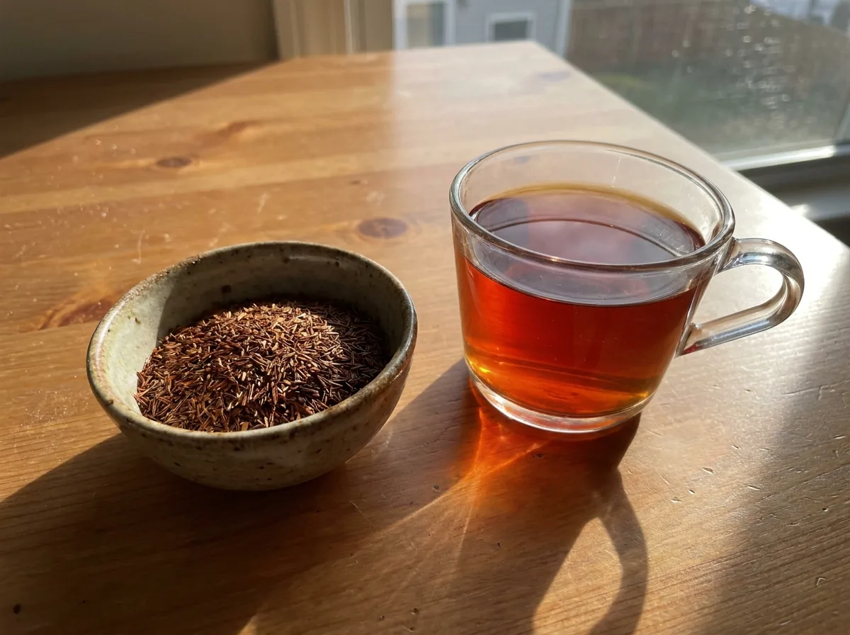 Loose red rooibos tea and a cup of rooibos